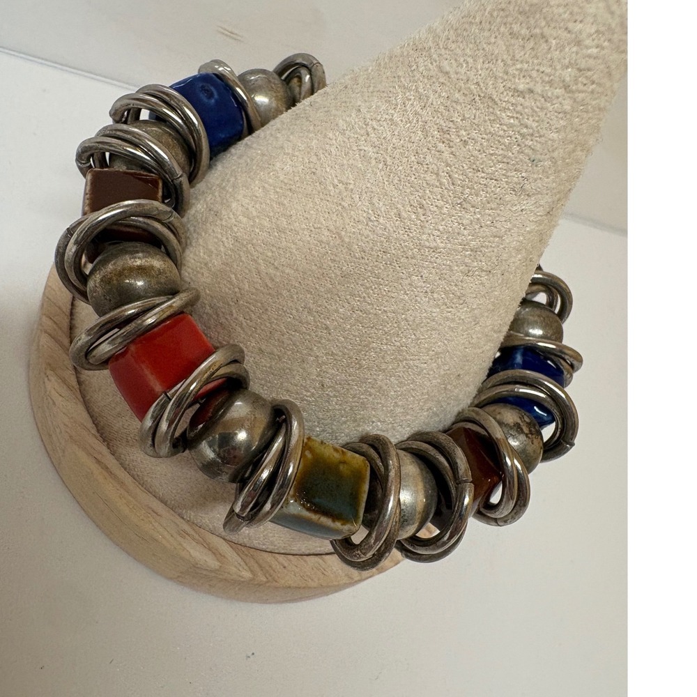 Chunky Ceramic Cube and Silver Tone Ring Industrial Stretch Bracelet Multi